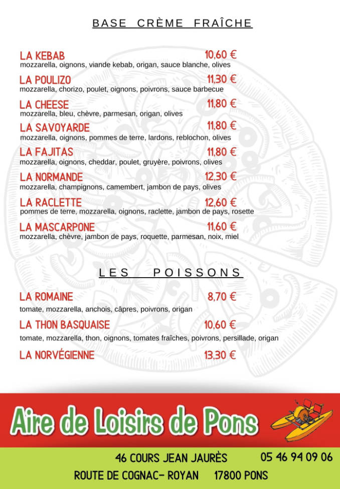 Carte et menus restaurant pizzeria Pons | Aire de Loisirs La Cabane.