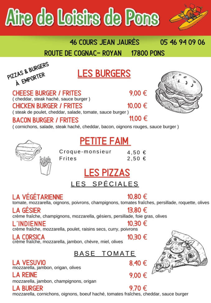 Carte et menus restaurant pizzeria Pons | Aire de Loisirs La Cabane.